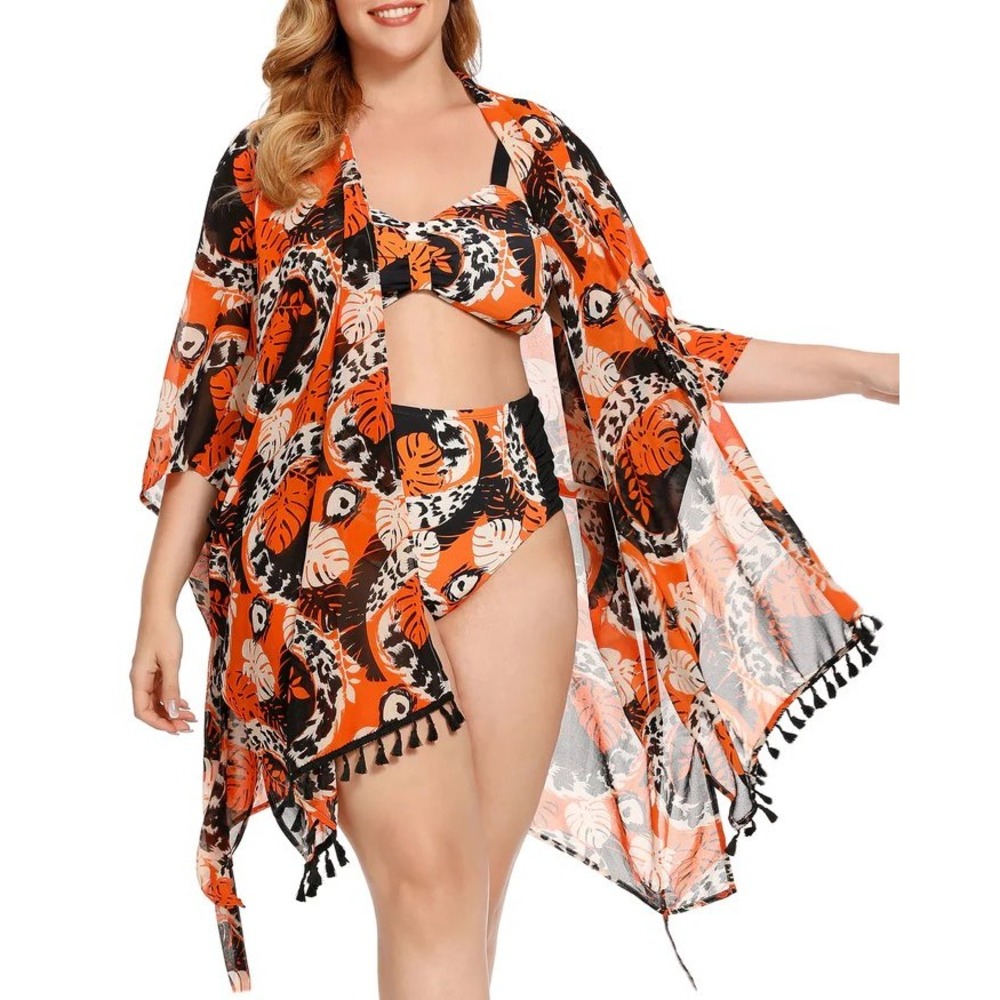 As Rose Rich Kimono Swim Cover Up Floral Tassel Fringe Wrap Large NEW